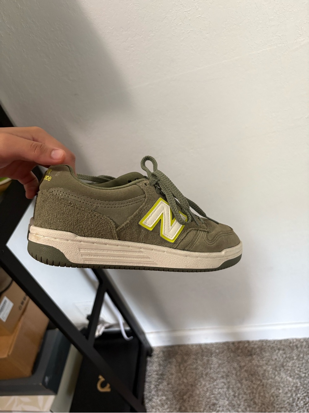 New Balance Kids Olive Green Suede Sneaker with Neon Yellow Logo